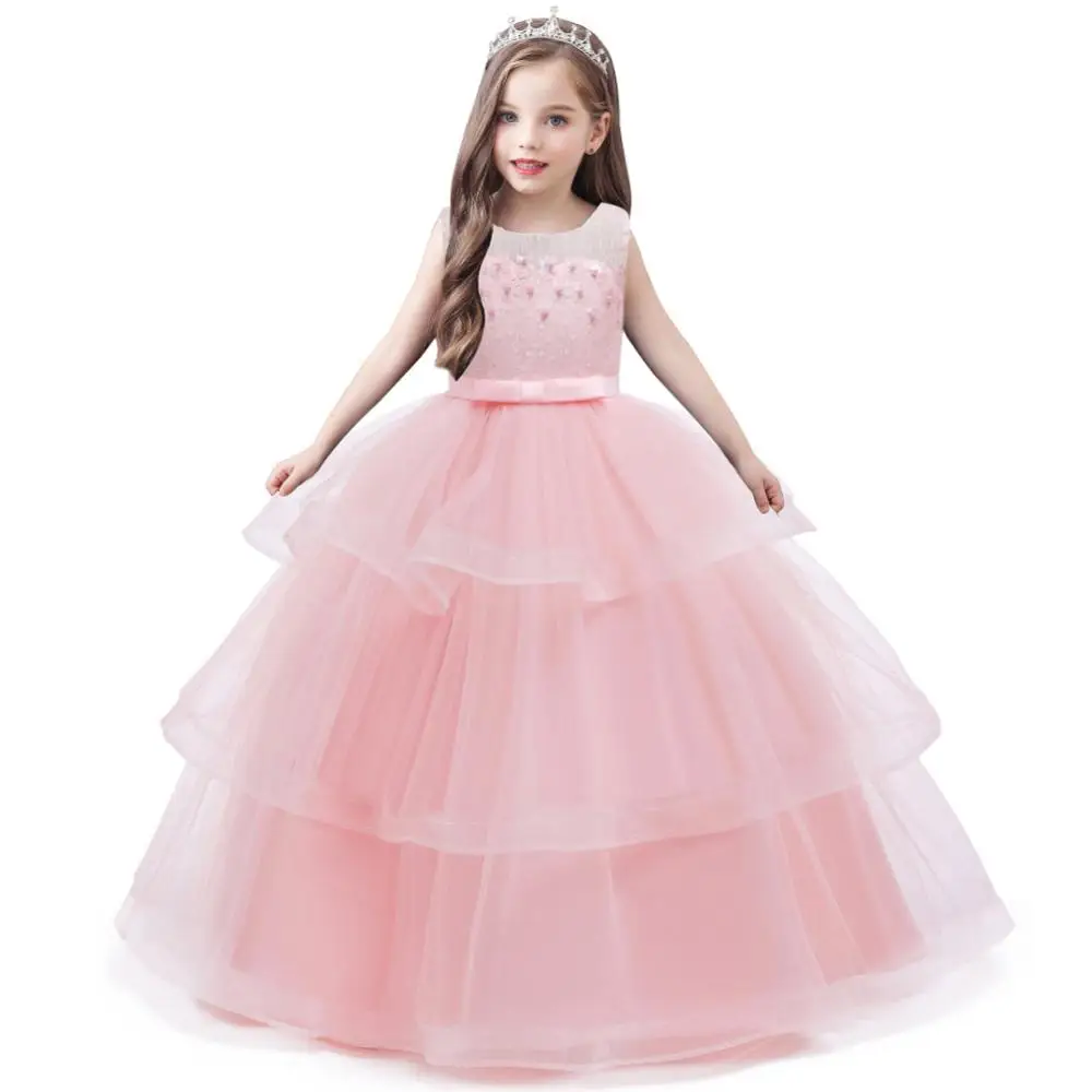 4-14 year old girl new year party evening dress children sweet fluffy wedding dress lace bead kids girls catwalk clothes