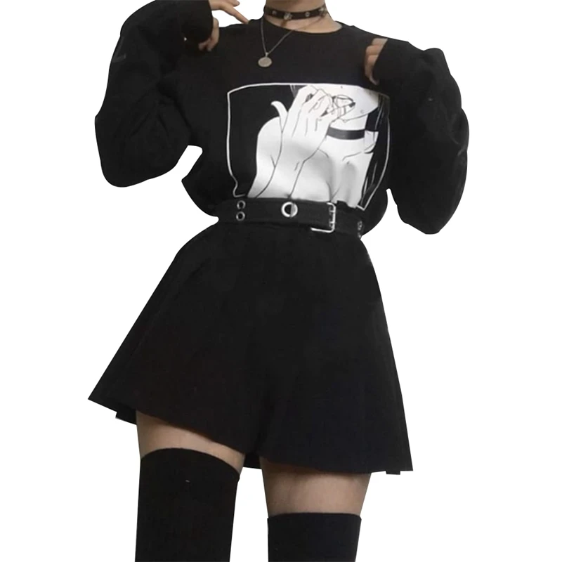

Gothic Two Pieces Set Sweatshirts Short Pants Women Punk Long Sleeve Pullover Tops