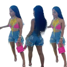 2022 nova moda feminina sexy buraco lavado borla jeans shorts senhoras shorts jeans feminino