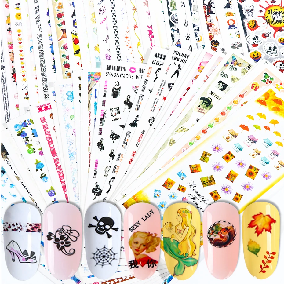 

50pcs Random Style Stickers For Nails Halloween Flowers Maple Leaf Letter Animals Leopard Nail Art Water Decals Manicure LY2005