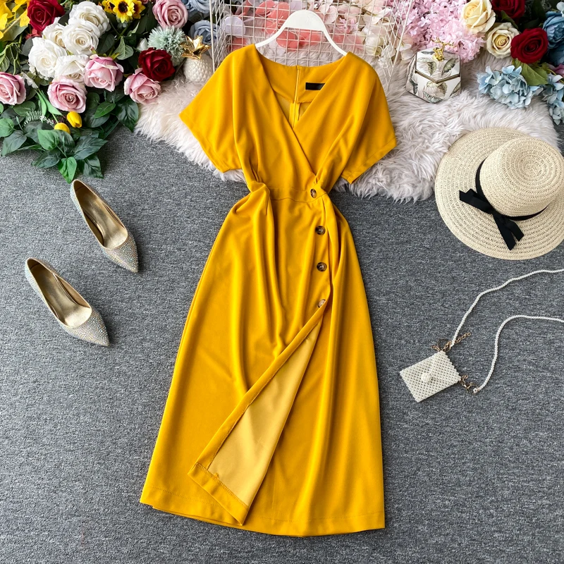 Neploe Split Mid Calf Dress Women Spring 2021 Retro V Neck Single Breasted Vestidos Elegant Slim Waist Female Dresses 80772 | Женская