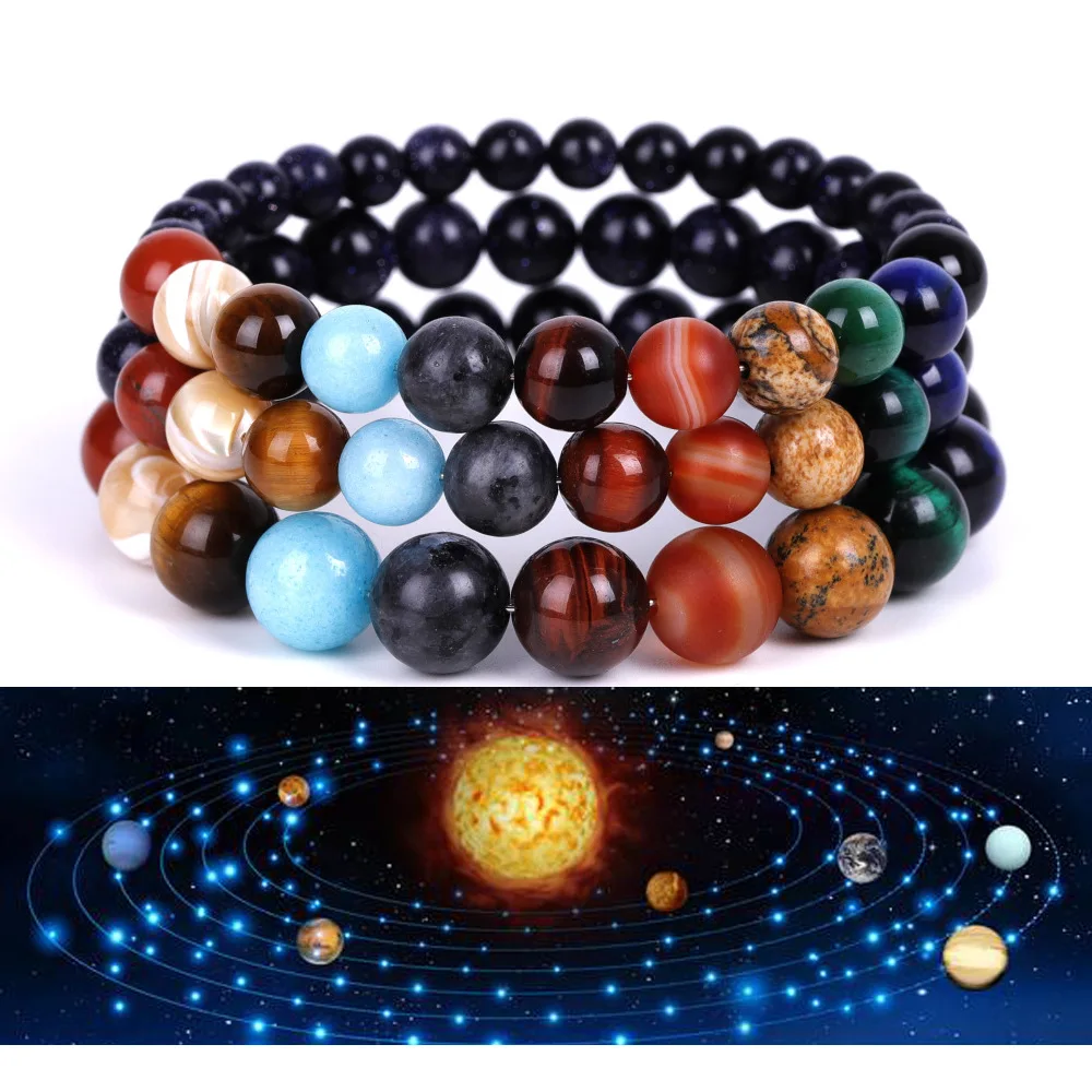 

3 Size Universe Planets Natural Stone Beaded Bangles & Bracelets Fashion Jewelry Natural Solar System Bracelet For Women Or Men