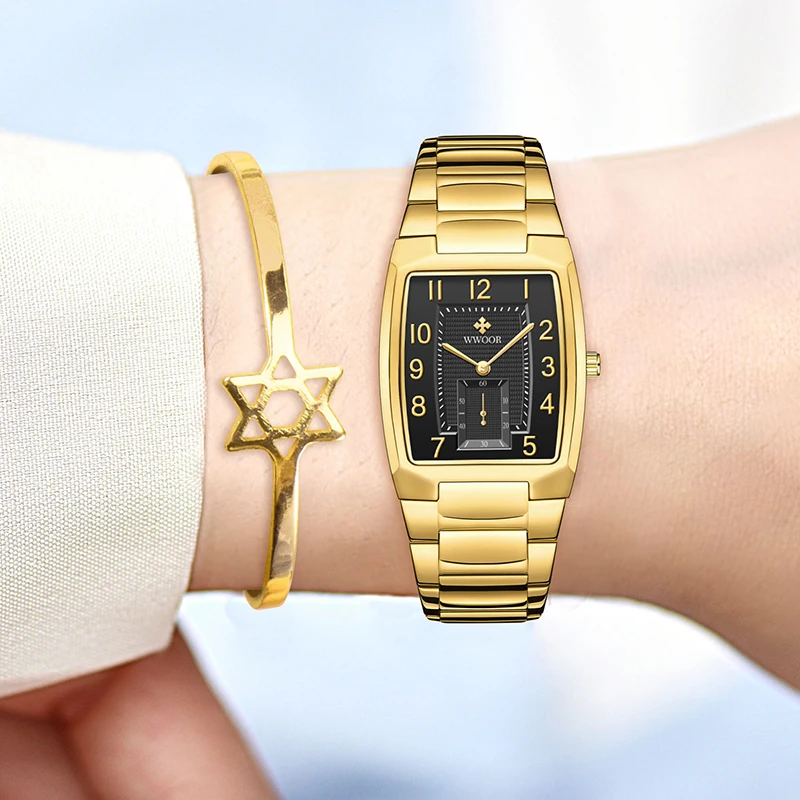 2023 New WWOOR Original Design Gold Watch Women Square Ladies Quartz Dress Wristwatches Female Arabic Clock Box Relogio Feminino