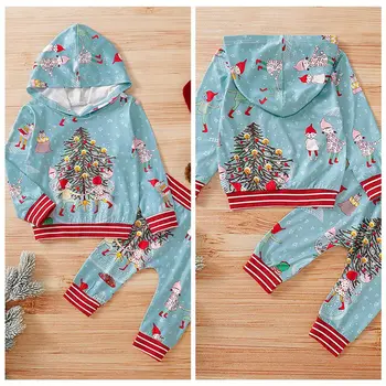 

Christmas Festival Boy Girl Clothes Long Sleeve Trousers + Tree Print Hooded Children's Set