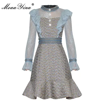 

MoaaYina Fashion Designer dress Spring Women's Dress Mesh Ruffles Flare Sleeve Patchwork Mermaid Dresses