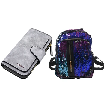 

1 set Sequins Backpack Girls Rucksack Students School Bag with Pencil Case Clutch & 1pcs Wallet Zipper Long Purse Ladies' Card W