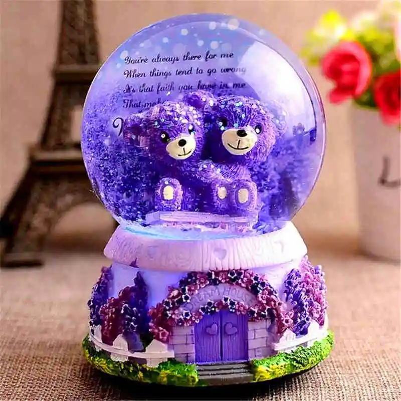 LORONZ Lavender Purple Bear Lover Music Boxes Crystal Snow Globe Music Box With Light Christmas Valentine's Day Girlfriend Gifts