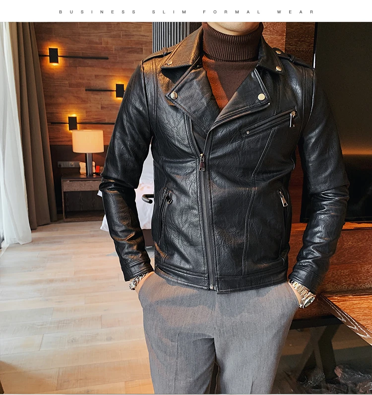 leather jacket outfit men High Quality Autumn Winter Fashion 2022 Diagonal Zipper Pu Leather Jacket Men Clothing Slim Fit Turn Down Collar Casual Coat 3XL leather jacket outfit men