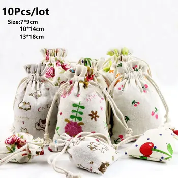 

10pcs Linen Cotton Storage Bag With Drawstring For Christmas Small Party Wedding Candy Bread Jewelry Gift Bags keys Coin Purse T