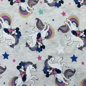 

Beautiful Light Grey Jersey Fabric Cartoon Minnie on horse Printed knitted Cotton Fabric Sewing Material diy Baby Clothing