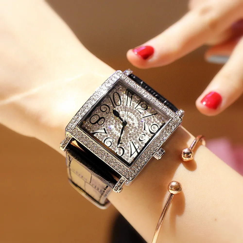 Женские часы Роскошные бриллиантовые квадратные кварцевые женские часы креативные кожаные Наручные часы женские элегантные часы женские часы