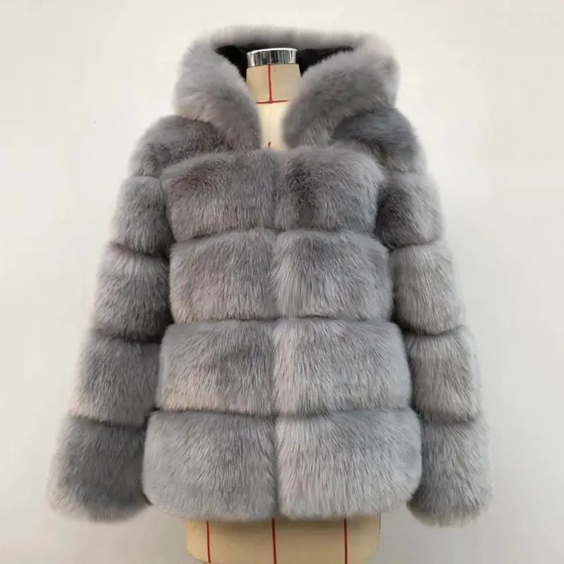 Модное пальто с капюшоном из искусственного меха - Цвет: Серый
