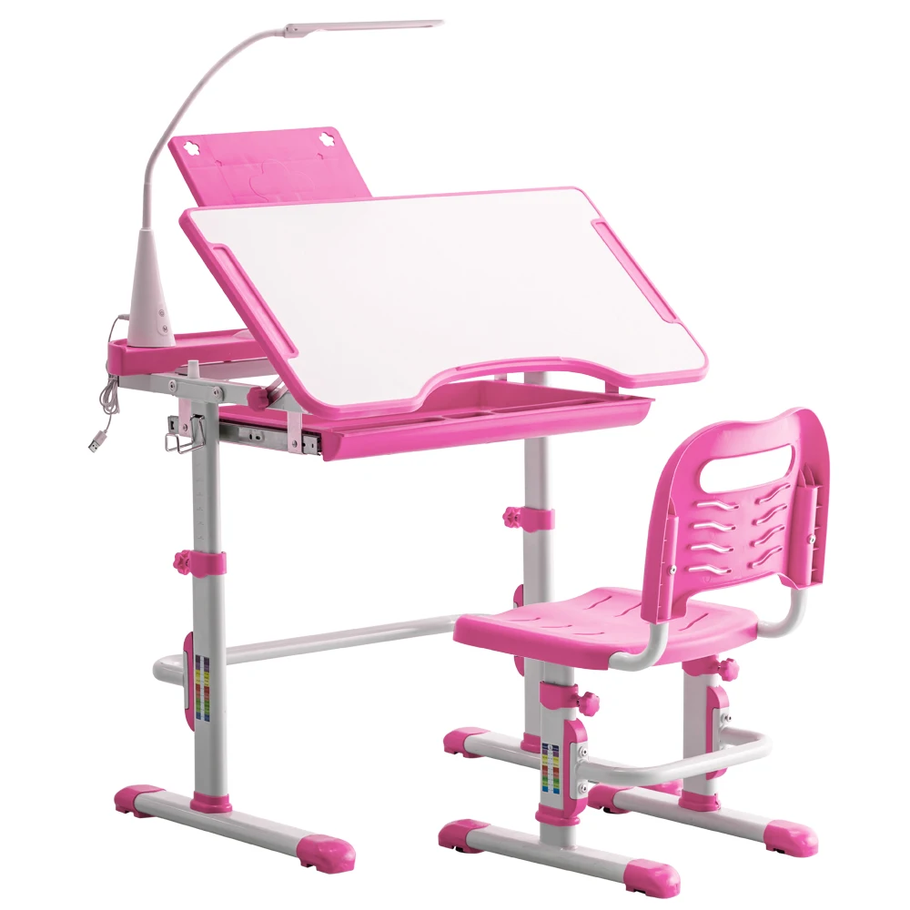 

kid study table Desks and Chairs Set C Style with Light White Lacquered White Surface and Pink Plastic [70x48x(52-74)cm]