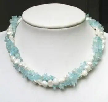 

Free shipping necklace 3 strands aquamarine chip white pearl twisted