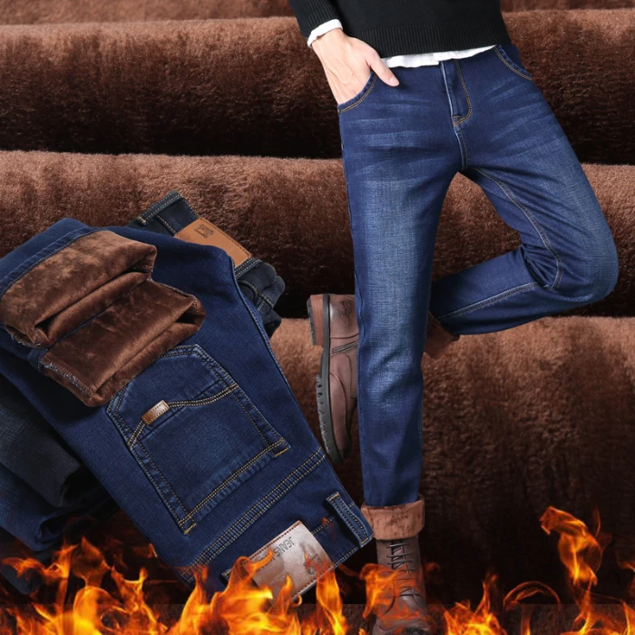Men Winter Jeans Thicker Warm Black 