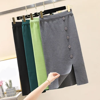 

Winter Solid Women Skirt Knitting A-Line Empire Mid-Calf Sweet Skirts Button High Waist Casual Korean Ladies Vintage Skirt