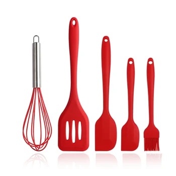 

5 PCS Silicone Cooking Utensils Set Non-Stick Spatula Shovel Wooden Handle Cooking Tools Set Kitchen Tools Red