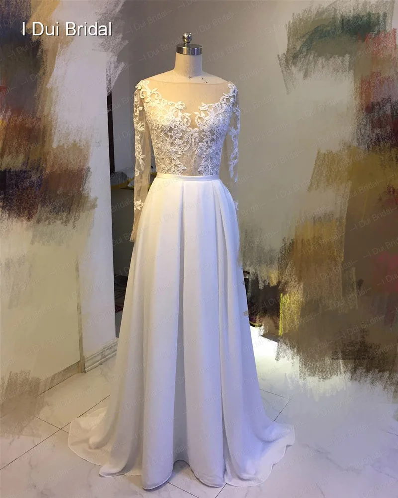 Chiffon Skirt option Иллюзия с длинным рукавом Съемная юбка свадебное платье Кружева Аппликация короткий внутри длинный снаружи высокое качество свадебное платье - Цвет: Chiffon Skirt option