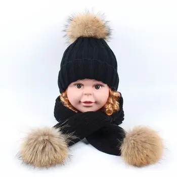 

New Children Hat with Scarf Two-Piece Natural Raccoon Fur Ball Thickened Boys Girls Winter Hat Kids Christmas Hat Scarf Set