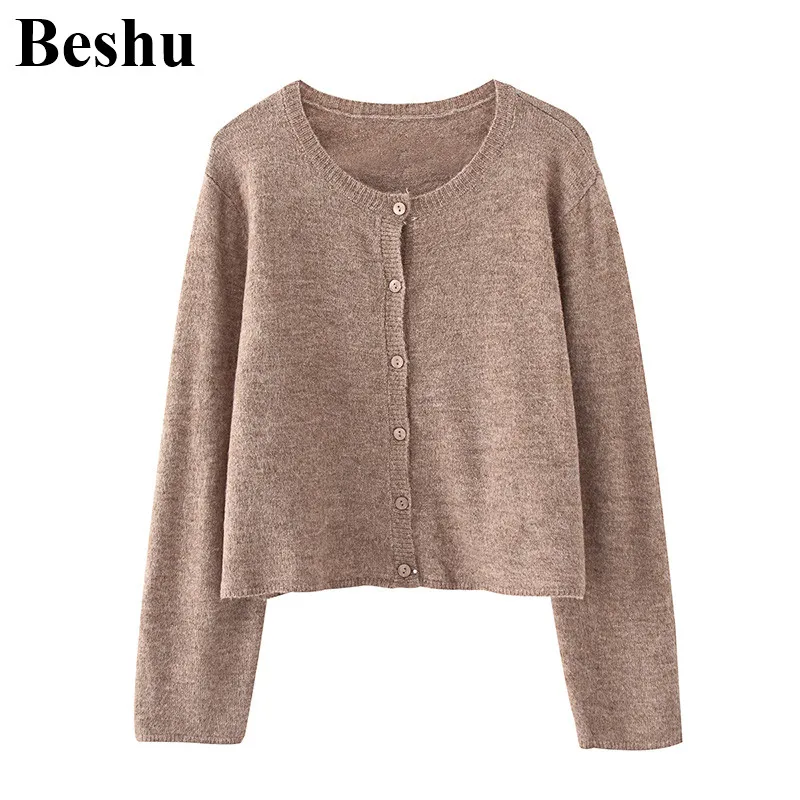 za 2020 fashion knitted sweater women khaki blend O-neck single-breasted simple long sleeve soft lady outwear |