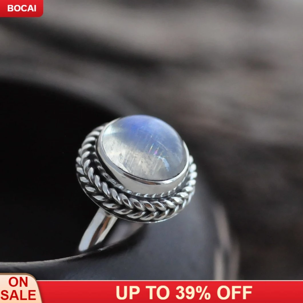 Женское кольцо из серебра 925 пробы с натуральным лунным камнем синее круглое