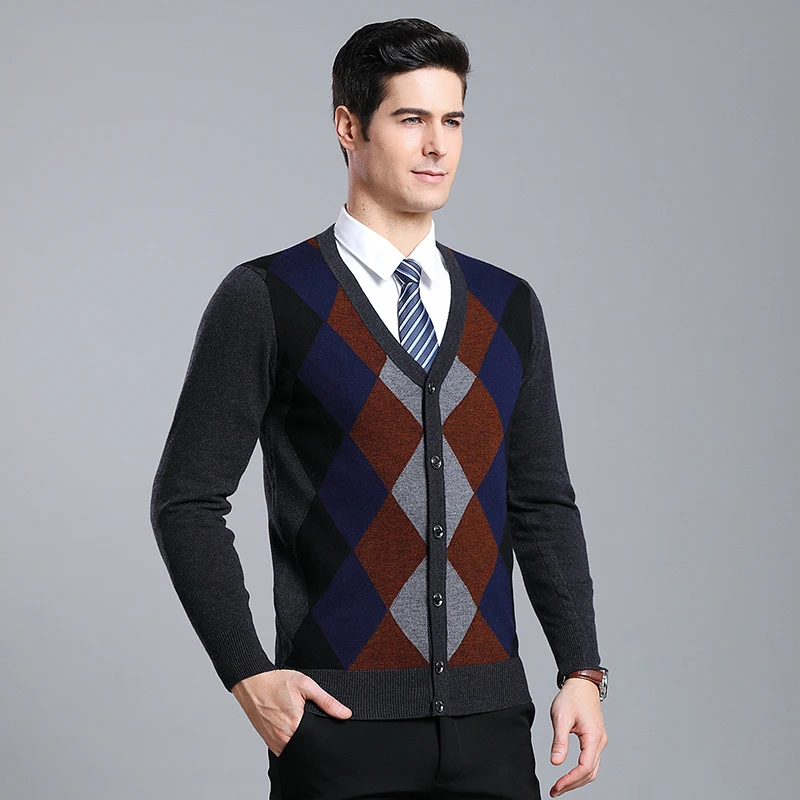 MACROSEA модный мужской вязаный свитер Argyle мужской кардиган контрастного цвета шерсть длинный рукав клетчатое зимнее пальто 9085