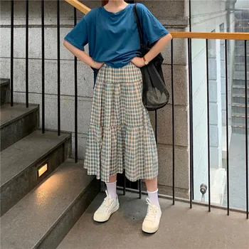 

Women Plaid Pleated A-Line Skirt Ladies Green Ankle-Length Skirt Summer Autumn Korean Female Casual Sweet Cute Kawaii Skirts