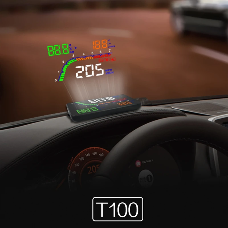 A100S T100 OBD автомобиля Hud головой вверх Дисплей Температура Датчик Obd превышение скорости Предупреждение Системы проектор лобовое стекло