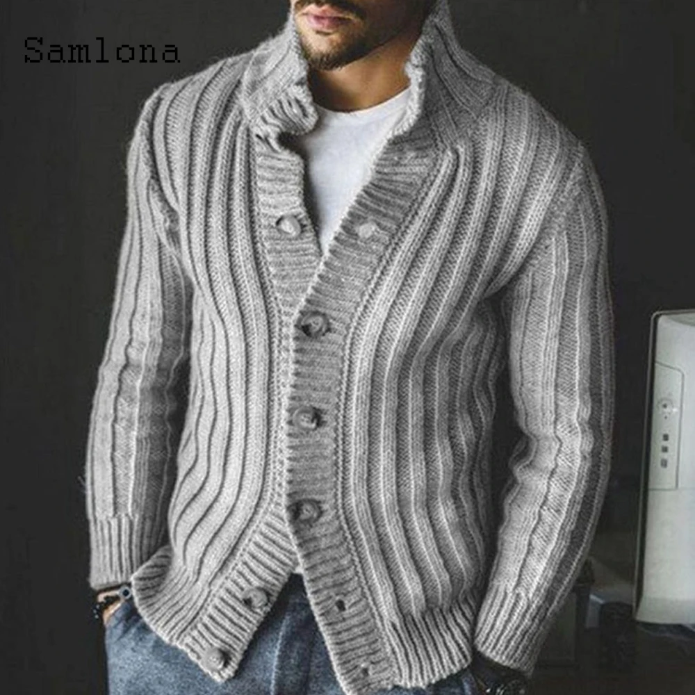 Samlona 2021 Knitting Sweater Men Spring Winter New Leisure Casual Patchwork Stripes Sweaters Cardigans Male Winter Warm Clothes