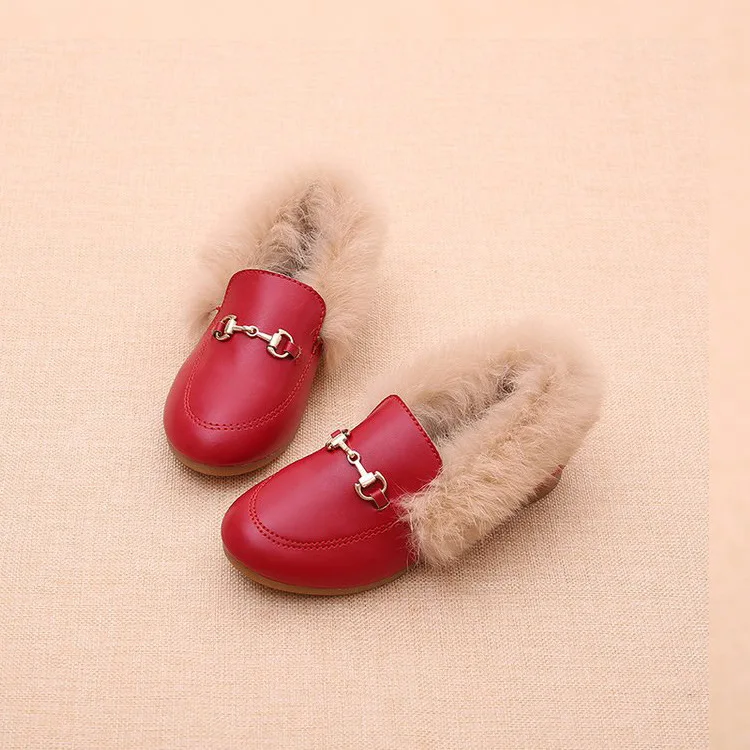 New Kids Shoes Winter Warm Boys Girls Fashion Shoe Black Red Fur Flat Slip On Non-slip Kids Shoes Quality Leather New Hot Shoes