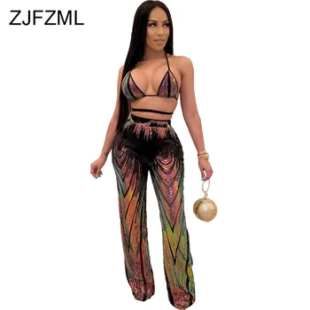 

Spark Sequined Sexy 2 Piece Sweat Suits Women Halter Backless Cross Lace Up Bra Top and High Waist Pants Gradient Club Outfits