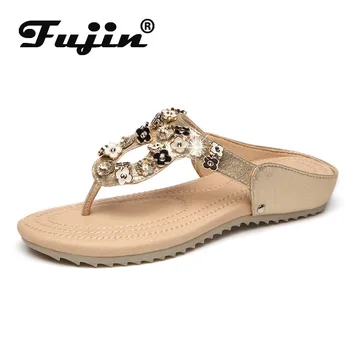 

Fujin Summer Slippers Women 2020 Fashion Flat Bottom Crystal Low Heels Breathable Slip on Outside Women Causal Flip Flops