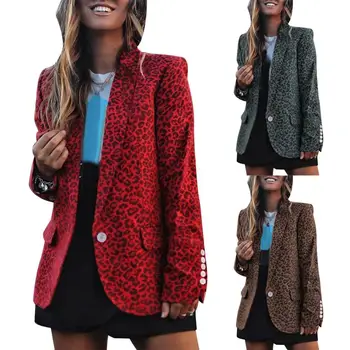 

Office Lady Women Leopard Print One Button Padded Shoulder Slim Blazer Jacket