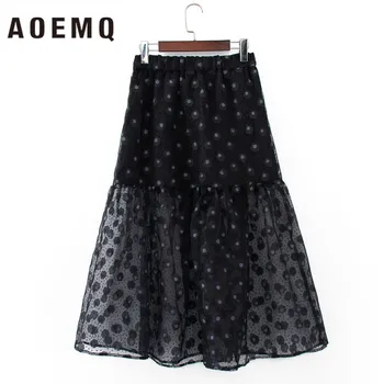 

AOEMQ Spring Skirts Black Mesh Breathable Thin Skirts with Sunflower Print Wave Draped A-Line Skirt Women Buttoms for Party Wear