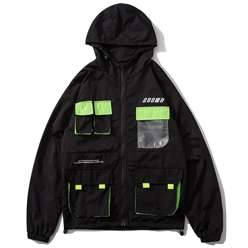 Aolamegs Jackets Men Cool Hip Hop Jacket Hooded Tracksuit Casual Color Block Funny Pockets Coats All-match Couple Streetwear