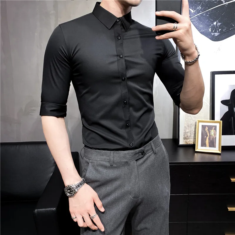Loldeal 3/4 Sleeve Shirt Men Slim Fit 