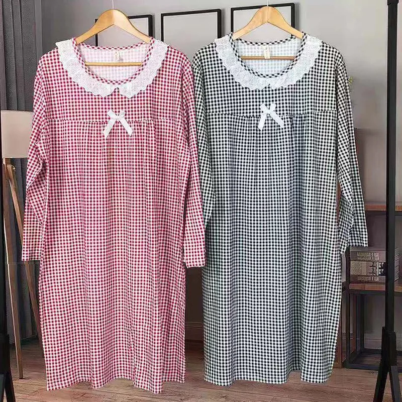 Spring Autumn Casual Plaid Cotton Nightgowns for Women Long Sleeve Loose Night Dress Home Dress Sleepwear Nightdress Nighty