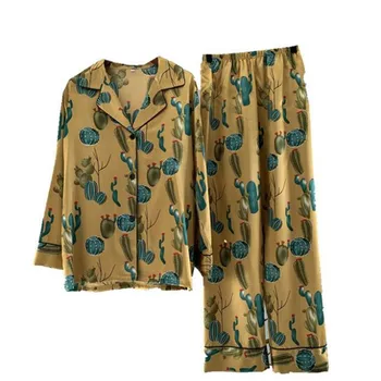 

Spring Summer Korean Casual Long-sleeved Trousers Lapel Home Service Suit Comfortable Female Ice Silk Printing Pajamas Home