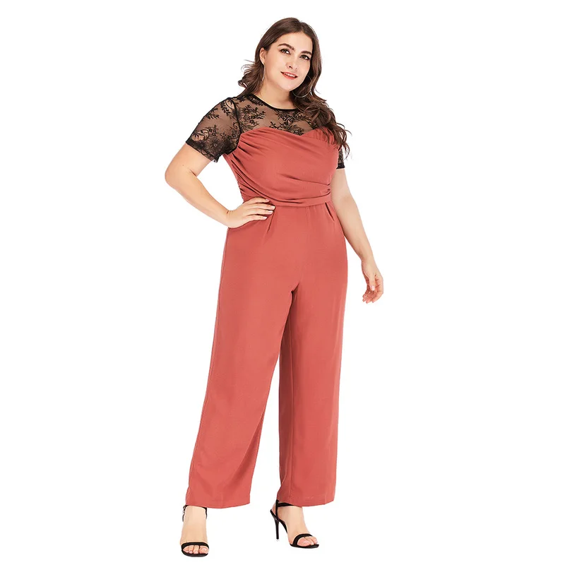 

Fashion Women Romper Jumpsuit Plus Size Summer Short Sleeve Translucent Female Body Bodysuit Casual Straight Large Lady Romper