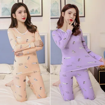 

Underwear Winter Women's Teenager Crew Neck Brushed and Thick Printed Cartoon Thermal Clothes Warm-keeping Pants Underwear Set