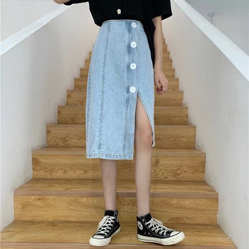 

Irregular Jeans Skirts Women Retro High Waist Sing-breasted Sexy Split Skirts Denim Female Autumn Winter Street Wear Saia QEN065