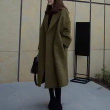 Модное однотонное Женское пальто с отложным воротником и длинным рукавом, шерстяное корейское свободное осенне-зимнее пальто, длинный кардиган, верхняя одежда