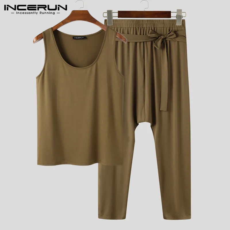 Casual Men Men-Sets Lace-Up INCERUN Solid-Color 5XL 2pieces Suits Pants Streetwear Summer