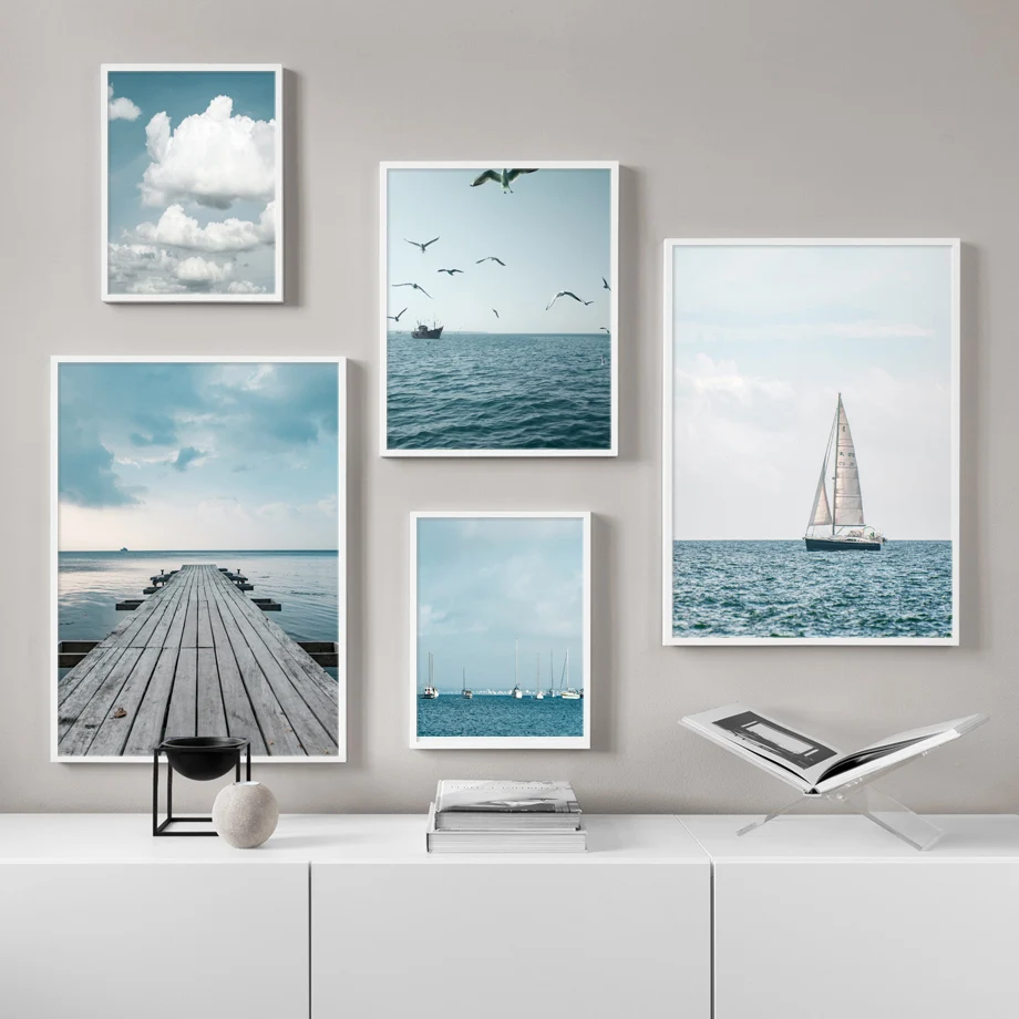 Nordic-Blue-Ocean-Boat-Lighthouse-Poster-Seascape-Wall-Art-Canvas-Painting-Print-Wall-Picture-for-Living