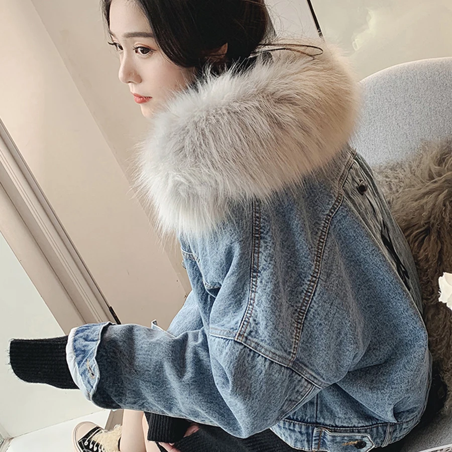 DISWEET зимняя теплая джинсовая куртка женская меховая отделка тюрбан хлопковая подкладка Повседневная куртка Женская Корейская версия XL Свободное пальто
