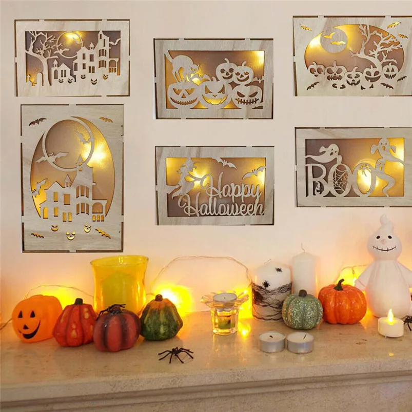 Wooden Hanging Home Decor Pumpkin Haunted House Pendant LED Night Light Halloween Home Decor Adornos Para Casa 30AUG0235
