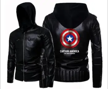 

Men's Captain America Revenge Alliance SHIELD Leather Hooded Jacket Punk Double Zip Hooded Leather Motorcycle Leather Jacket