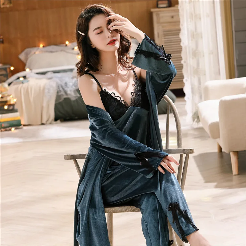 Roupão de Manga Serviço de Casa Veludo de Ouro Roupão de Banho de Renda Pijamas Femininos Novo Longa Net Vermelho Robe Venda Quente Feminino Sexy 3pcs 4 Pijamas e Moda Íntima