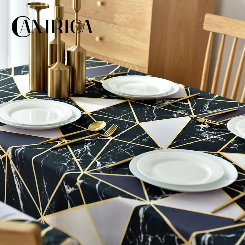  CANIRICA Table Cloth Linen Tablecloth Geometric Dinning Table Cover Black Gold Nappe De Table Recta