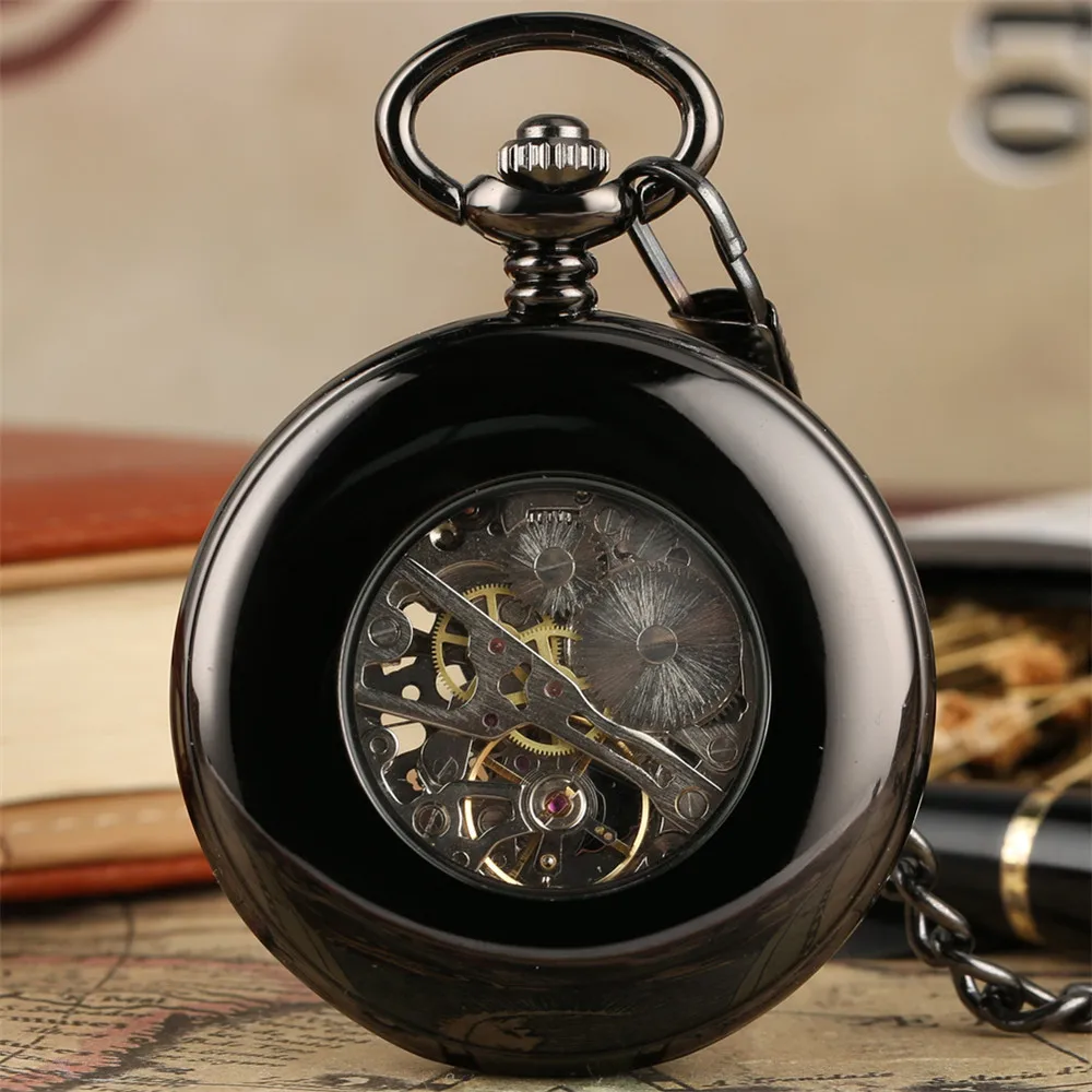 Vintage Black Wing Pattern Mechanical Pocket Watch Male Retro Pocket Pendant Clock with Chain Half Hunter Manual Timepiece reloj